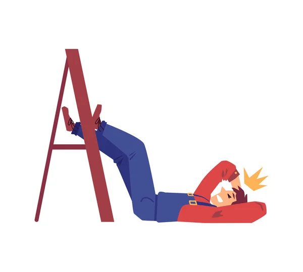 Accidente de trabajo - hombre de dibujos animados caído de la escalera y gravemente herido . — Archivo Imágenes Vectoriales
