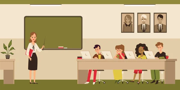 Salle de classe avec des enfants sur des ordinateurs portables - professeur de dessin animé et les petits enfants — Image vectorielle