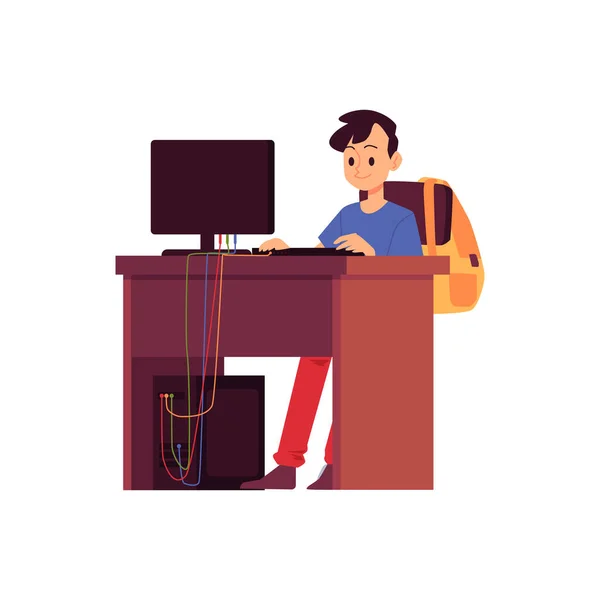Caucasico brunet ragazzo si siede a una scrivania con un computer e impara o studia online . — Vettoriale Stock