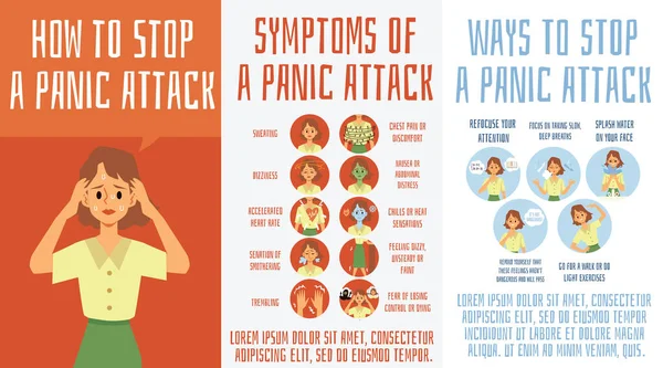 Симптомы панических атак и способы их остановки - набор медицинских плакатов — стоковый вектор