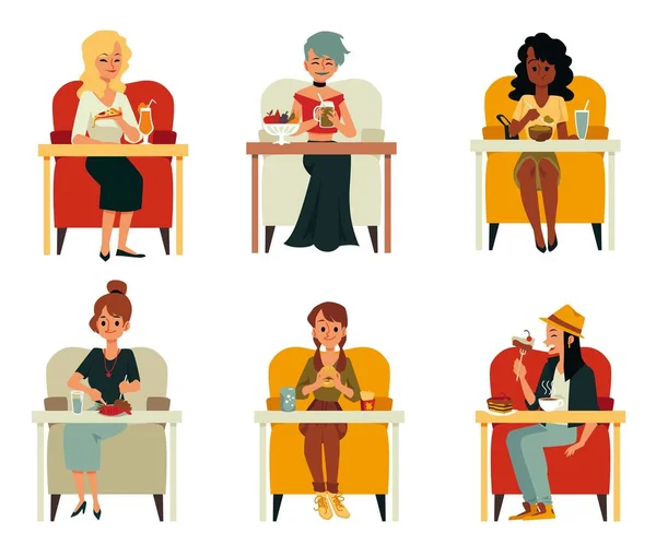 Kobiety z kreskówek jedzące jedzenie - odizolowany zestaw na białym tle. — Wektor stockowy