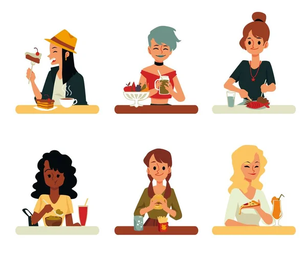 Conjunto de mulheres personagens de desenhos animados comendo refeições, ilustração vetorial plana isolado . — Vetor de Stock