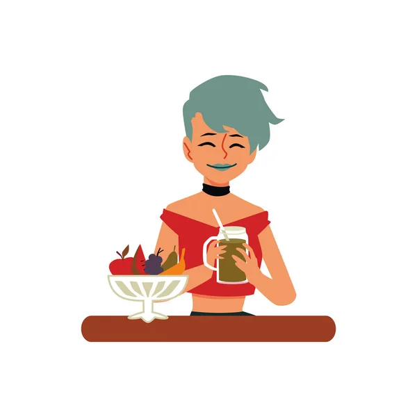Жінка насолоджується здоровою вегетаріанською їжею плоска Векторні ілюстрації ізольовані . — стоковий вектор