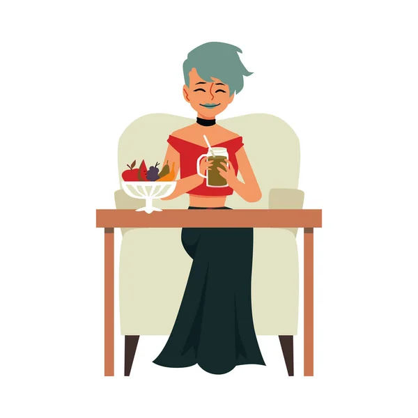 Vrouw cartoon karakter eten gezond voedsel, platte vector illustratie geïsoleerd. — Stockvector