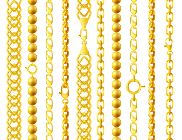Realistic gold chain set with different link styles, shape and width — Stock Vector