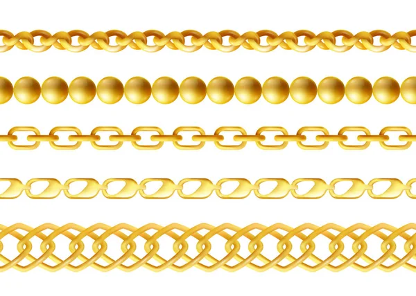 Gold chains seamless borders set, realistic vector illustration isolated. — Stock Vector