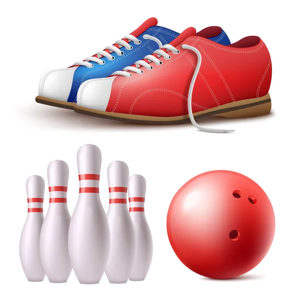 Set of bowling skittles, ball and shoes realistic vector illustration isolated. — Stock Vector