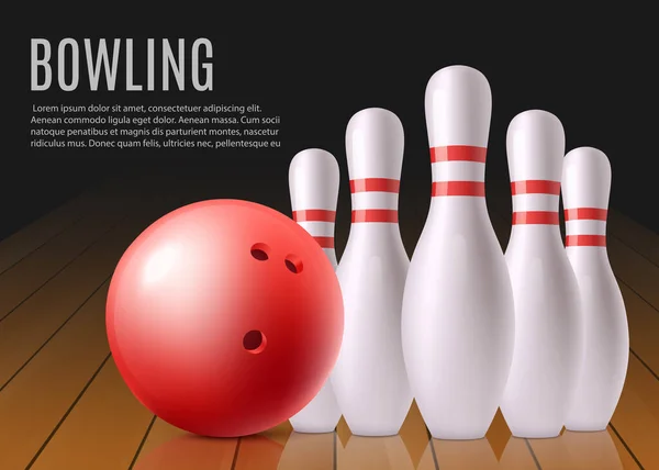 Bowling banner mall med vita stift och röd boll på träfil. — Stock vektor