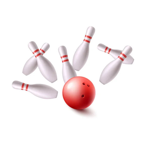 Bowling golyó repül csoportjába csapok, reális vektor illusztráció elszigetelt. — Stock Vector