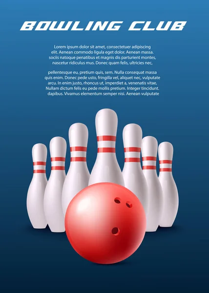 Bowling klub banner vagy poszter - skittles és tál reális vektor illusztráció. — Stock Vector