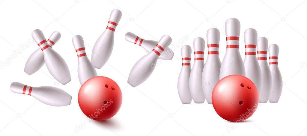 Red bowling ball before and after hitting strike with realistic white pins