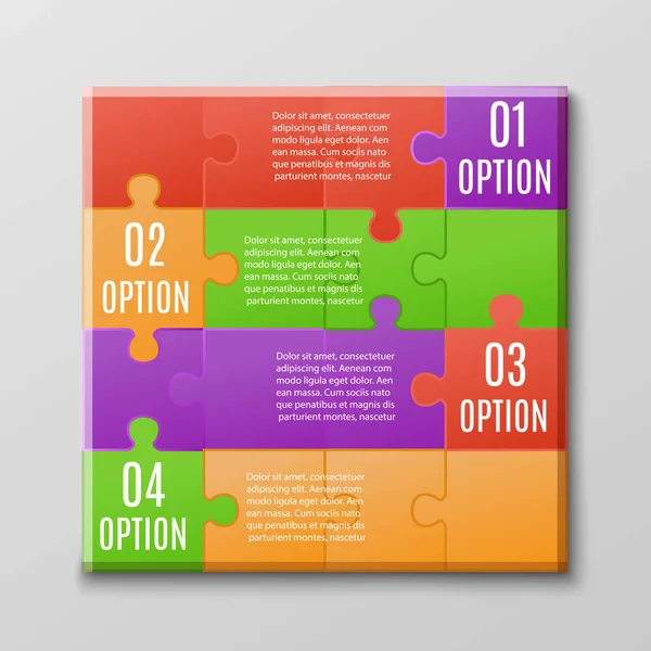 Jigsaw puzzle infographic poster design with four options text template. — Stock Vector