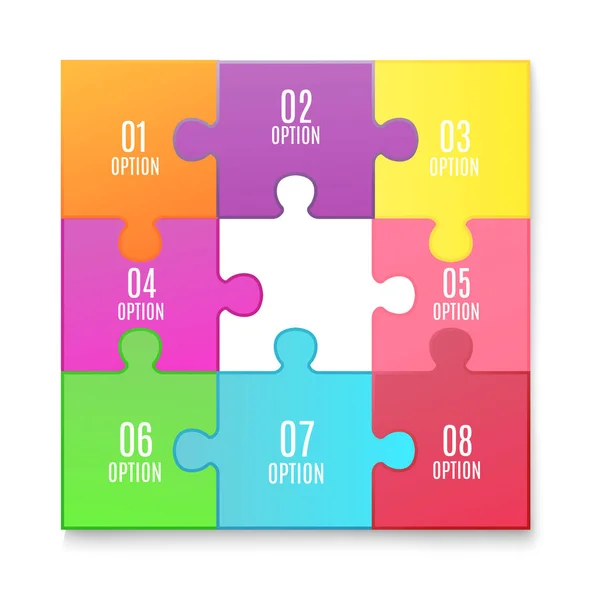 Puzzle-Poster mit 8 miteinander verbundenen bunten Optionsplättchen und fehlendem Stück — Stockvektor