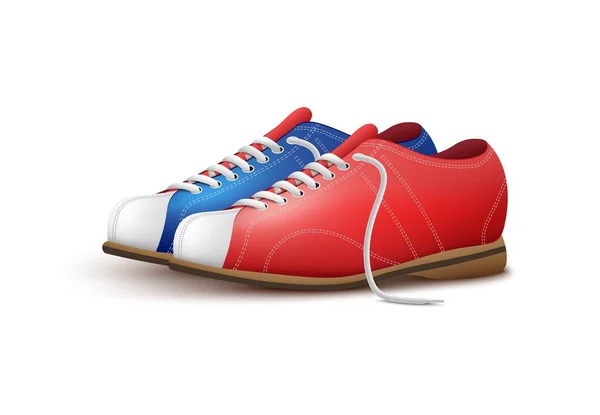 Zapatos realistas de bolos rojos y azules aislados sobre fondo blanco . — Vector de stock