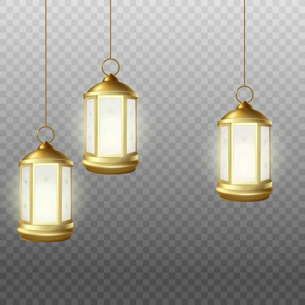 Realistic Muslim Mubarak holdiday lantern lamps hanging from above — Stock Vector
