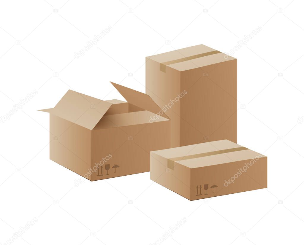 Realistic cardboard boxes with different shapes isolated on white background