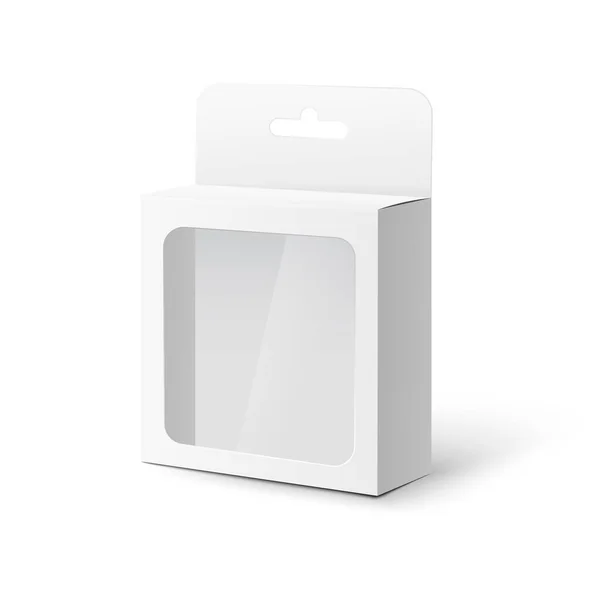 Біла коробка вкладок з пластиковим вікном реалістична векторна макетна ілюстрація ізольована . — стоковий вектор