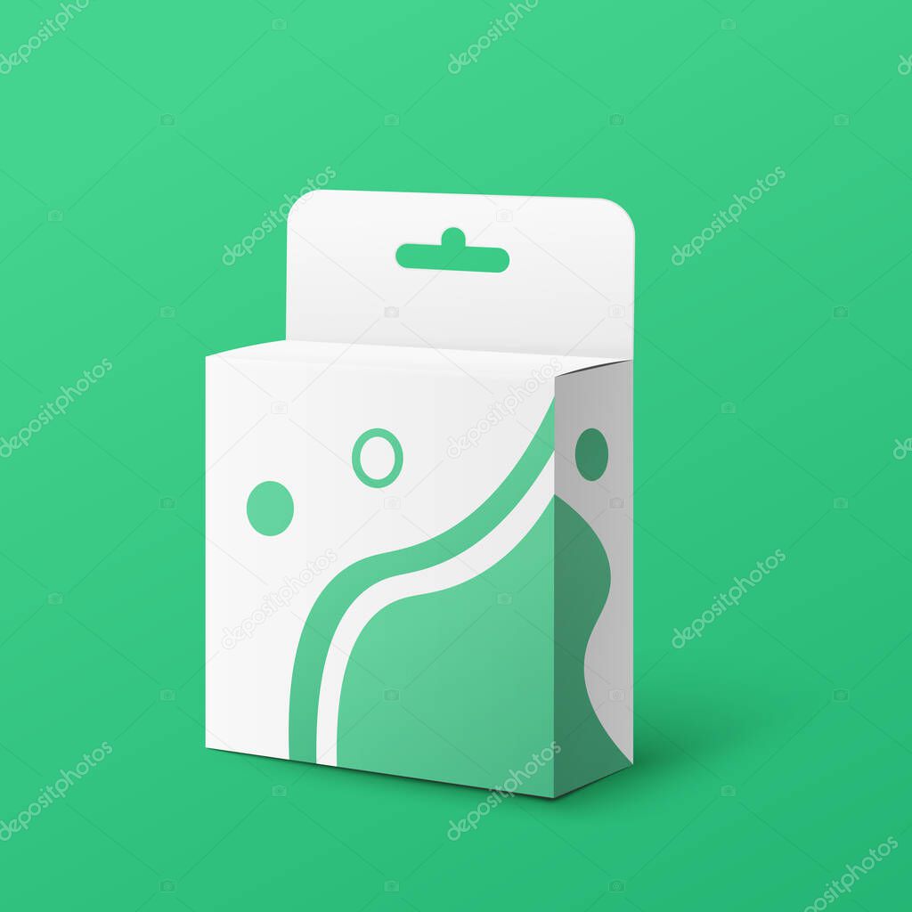 Download White And Green Retail Product Package Box With Hang Tab Realistic Mockup Of Small Cardboard Container With Hanging Hole And Fluid Shapes Design Vector Illustration Premium Vector In Adobe Illustrator