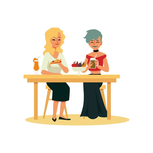 Vrouwen stripfiguren eten salade en pizza, platte vector illustratie geïsoleerd. — Stockvector