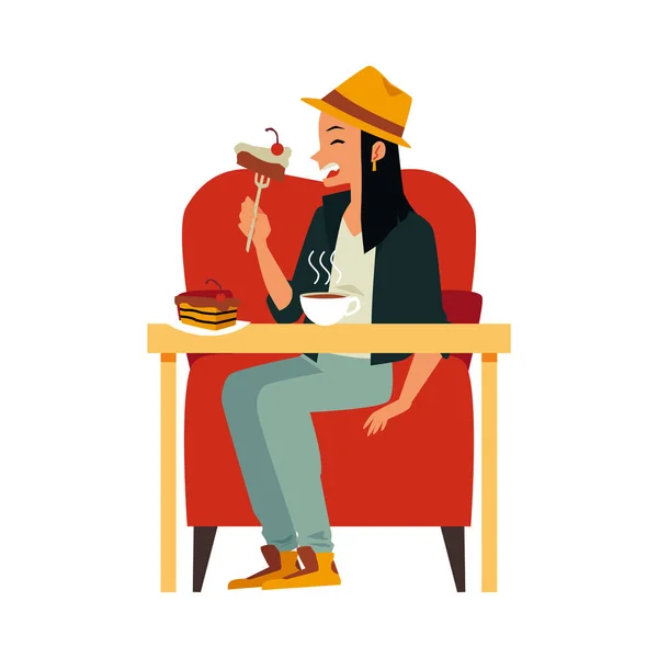 Γυναίκα τρώει κέικ - κορίτσι κινουμένων σχεδίων κάθεται σε μεγάλη καρέκλα με τραπέζι και φαγητό — Διανυσματικό Αρχείο