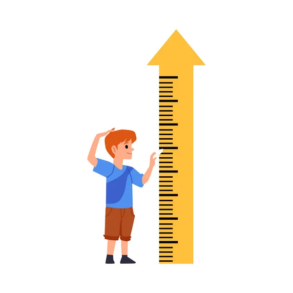 Criança em pé perto da altura flecha de medição, ilustração vetorial plana isolada . — Vetor de Stock