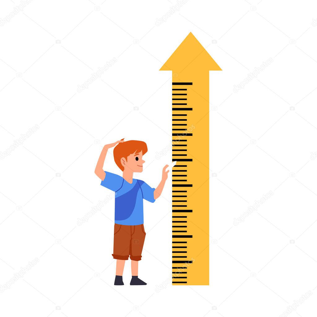 Child standing near height measuring arrow, flat vector illustration isolated.
