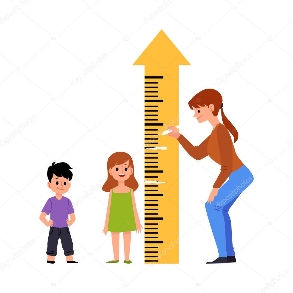 Kindergarten or preschool children measure height vector illustration isolated.