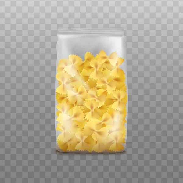 Farfalle pasta pack in clear plastic bag - isolated realistic mockup — Stock Vector