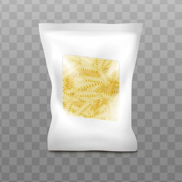 Realistic fusilli pasta pack mockup -white plastic bag with clear window — Stock Vector