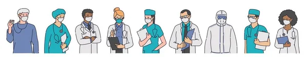 Los médicos en máscaras durante la pandemia de coronavirus ilustración vector boceto aislado . — Vector de stock