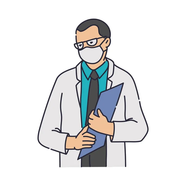 의료용 마스크를 쓰고 서류를 들고 있는 흰 코트를 입고 있는 남자 의사 — 스톡 벡터