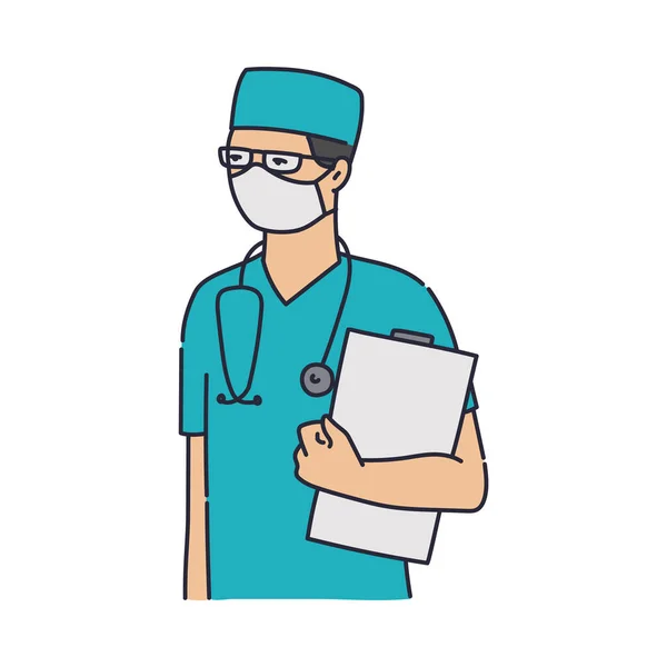 Mannelijke verpleegster in blauw chirurg uniform met beschermend masker en pet — Stockvector