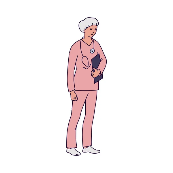 Γυναίκα ιατρός σε ομοιόμορφη εικόνα φορέα σκίτσο κινουμένων σχεδίων απομονωμένη. — Διανυσματικό Αρχείο