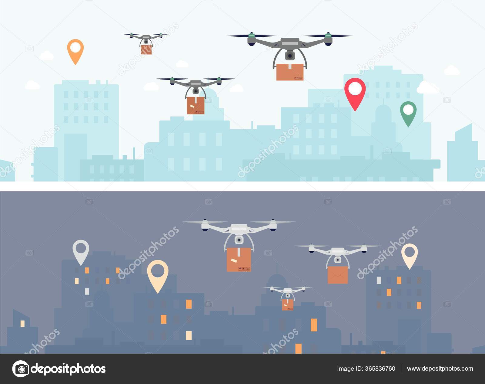 Conjunto de pancartas de drones de entrega drones futuristas volando sobre la ciudad dia y noche Vector de stock 365836760 de Sabelskaya