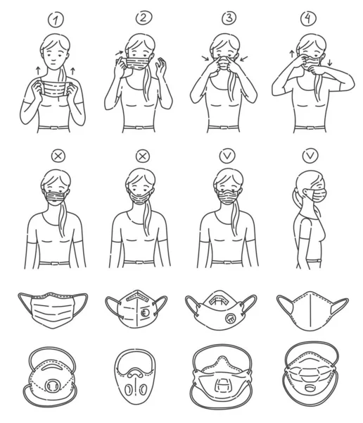 Sada čárových ikon s medicínskými ochrannými maskami vektorové ilustrace izolované. — Stockový vektor