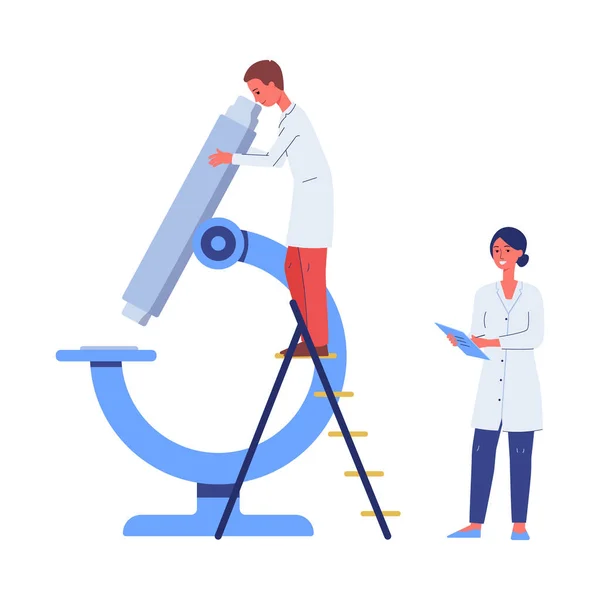 Scienziati dei cartoni animati che fanno ricerca scientifica sul microscopio gigante — Vettoriale Stock