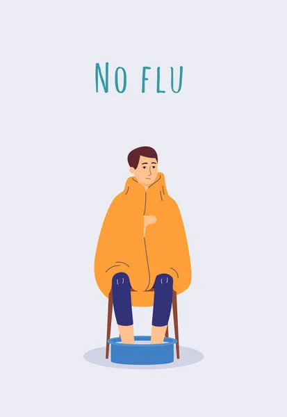 Nu chřipka plakát s nemocným mužem s virem namáčení nohy v teplé vodě — Stockový vektor