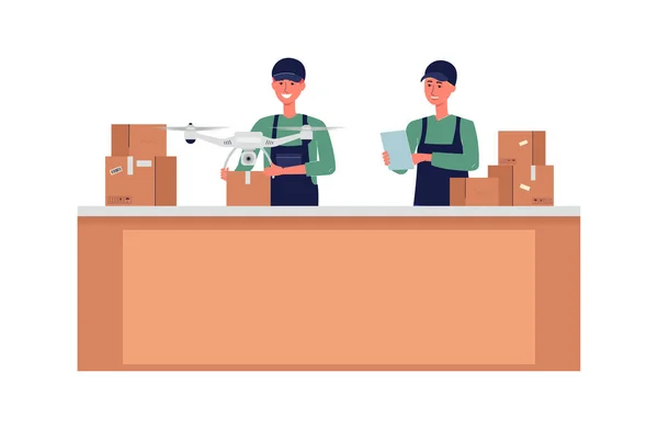 Produits d'emballage de service pour la livraison de drones, illustration vectorielle plate isolée . — Image vectorielle