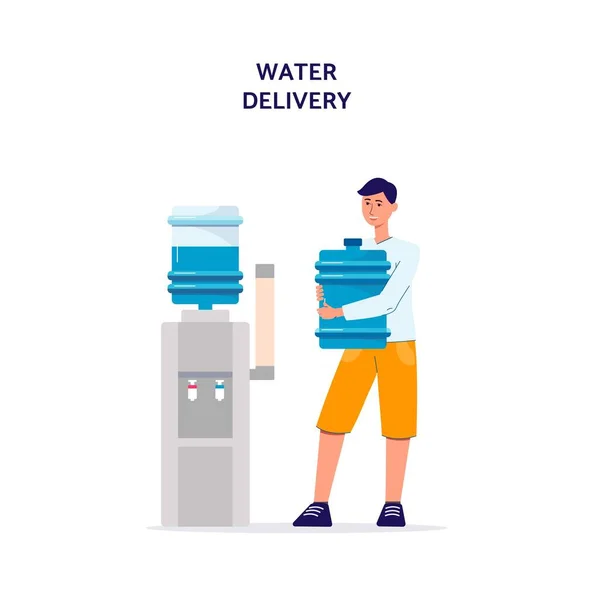 Poster di servizio di consegna dell'acqua con operaio che tiene la bottiglia blu vicino al dispositivo di raffreddamento — Vettoriale Stock