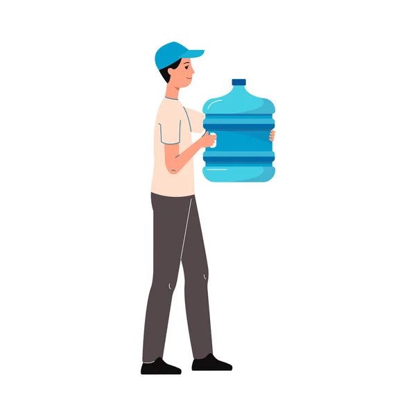 Trabalhador de entrega de água segurando garrafa azul - homem dos desenhos animados com recipiente líquido Vetor De Stock
