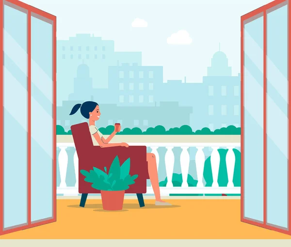 Γυναίκα χαρακτήρα κάθεται στο μπαλκόνι ή εξωτερική βεράντα, επίπεδη διανυσματική απεικόνιση. — Διανυσματικό Αρχείο