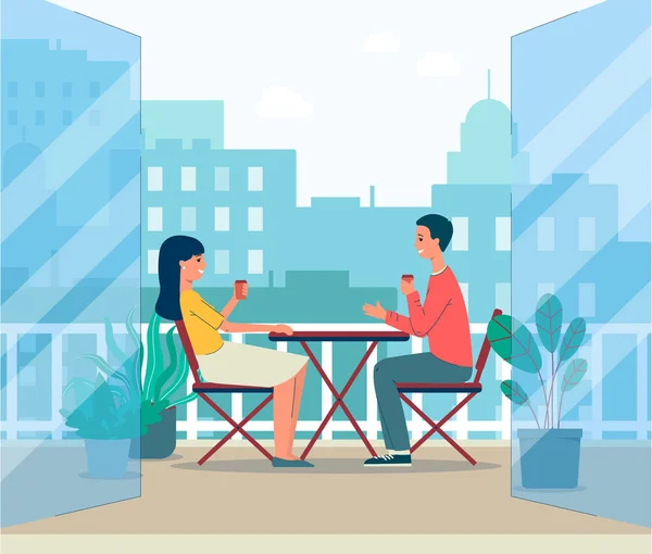 Cartoon-Paar sitzt auf Balkonterrasse mit Blick auf die Stadt und trinkt Kaffee — Stockvektor