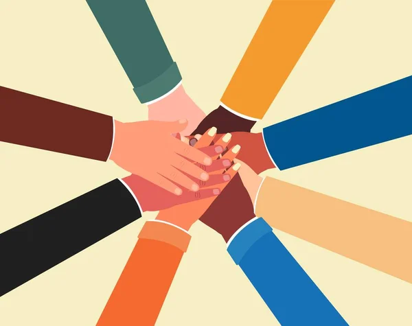 Ομάδα ανθρώπων που ενώνουν τα χέρια - αφίσα ομαδικής ενότητας και ποικιλομορφίας — Διανυσματικό Αρχείο