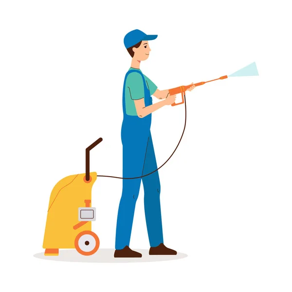 El trabajador de limpieza hace la desinfección o la ilustración plana limpia húmeda del vector aislado . — Vector de stock