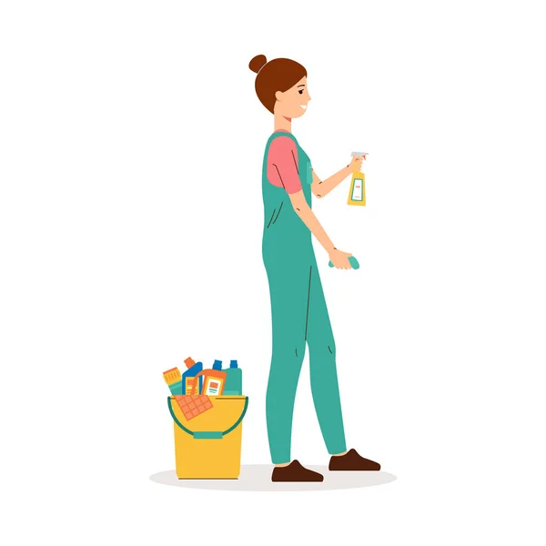 Cleaning worker or employee doing wet clean flat vector illustration isolated. — Stock Vector