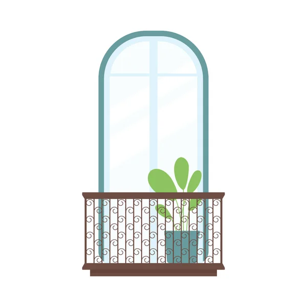 Παράθυρο τοξωτό με μπαλκόνι, διακόσμηση φυτών σπιτιού και περίτεχνη χειρολισθήρα — Διανυσματικό Αρχείο