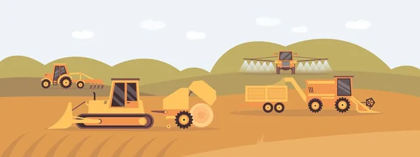 Antecedentes con trabajos de maquinaria agrícola en campo, ilustración vectorial plana . — Vector de stock