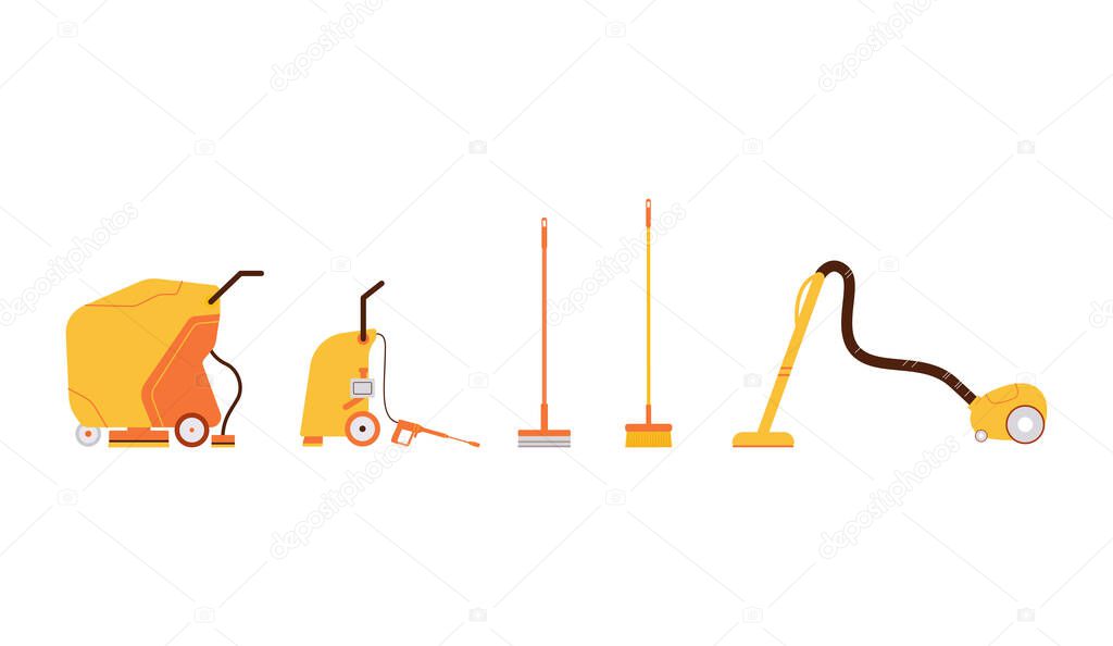 Cleaner equipment set - yellow cleaning tools isolated on white background