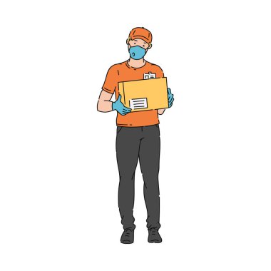 Delivery man in medical mask and gloves - coronavirus protection kit. clipart