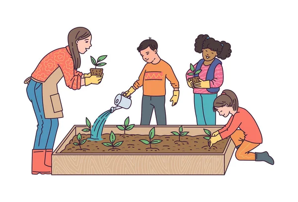 Kinder pflanzen Setzlinge im Schulgarten Skizze Vektor Illustration isoliert. — Stockvektor